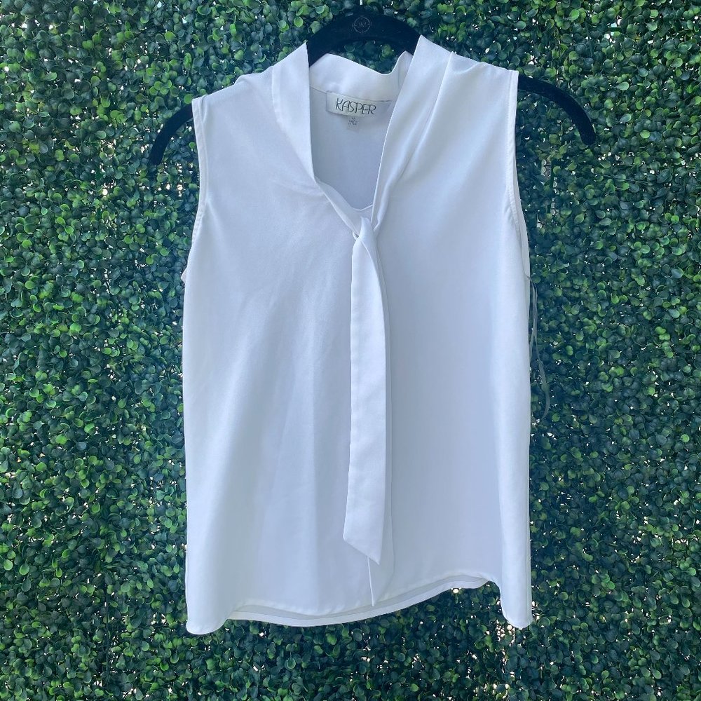 Business Casual White Tank Top Blouse with Tie in Front